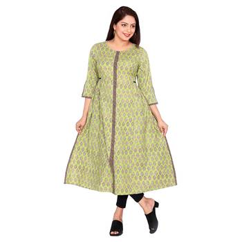 Women Pista Green Printed Double Layered Cotton Kurta 1