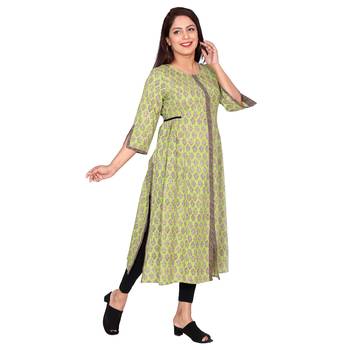 Women Pista Green Printed Double Layered Cotton Kurta 2