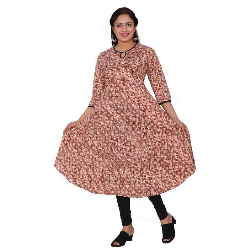 Women Orange Printed Cotton Long Kurta