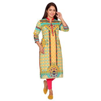 Women Mustard Printed Cotton Kurta 1
