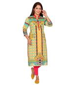 Women Mustard Printed Cotton Kurta
