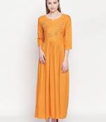 Mustard Gold Printed Designer Maxi Dress For Women