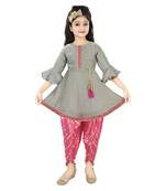 Grey Silk Suit And Pink Satin Foil Printed Dhoti With Embroidery