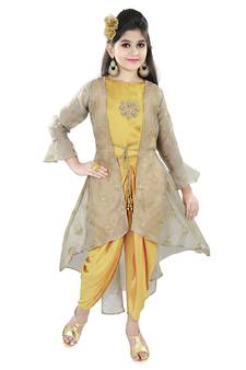 Gold Silk Embriodred Dhot Suit With Tissue Embroidered Jacket