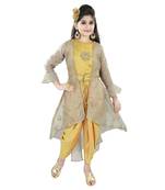 Gold Silk Embriodred Dhot Suit With Tissue Embroidered Jacket