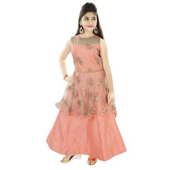 Peach Emnroidered Net And Silk Frill Gown 1
