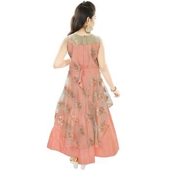 Peach Emnroidered Net And Silk Frill Gown 2