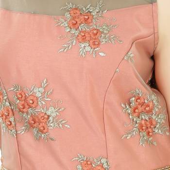 Peach Emnroidered Net And Silk Frill Gown 4