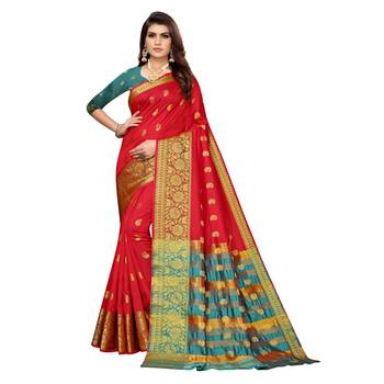 Red woven cotton silk saree with blouse 1