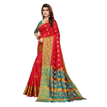 Red woven cotton silk saree with blouse 2