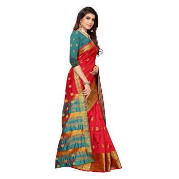 Red woven cotton silk saree with blouse 3