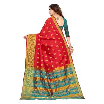 Red woven cotton silk saree with blouse 4