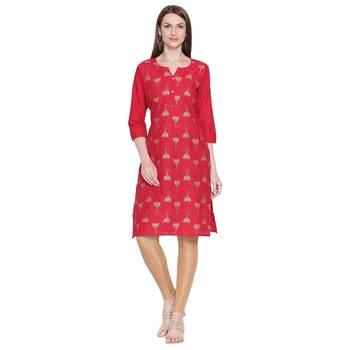 Red Gold Print Cotton Kurta For Women 1
