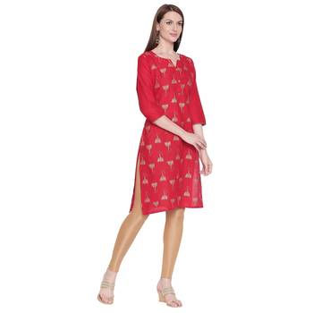 Red Gold Print Cotton Kurta For Women 2