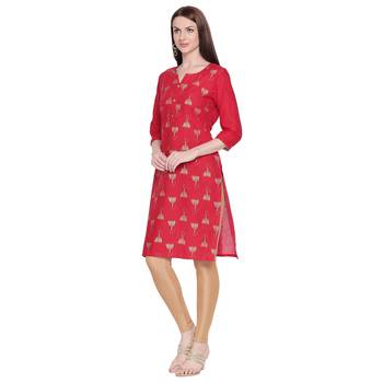 Red Gold Print Cotton Kurta For Women 3