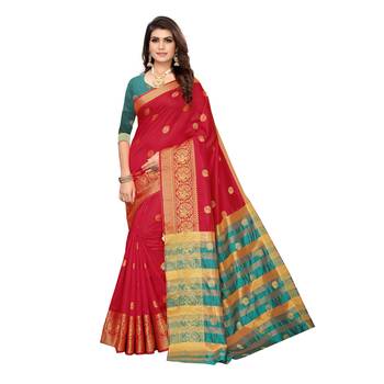 Red woven cotton silk saree with blouse 1