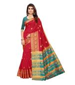 Red woven cotton silk saree with blouse