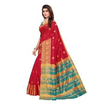 Red woven cotton silk saree with blouse 2