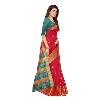 Red woven cotton silk saree with blouse 3