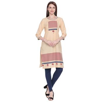 Beige and Blue Geometric Printed Cotton Kurta For Wome 1