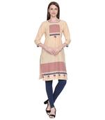 Beige and Blue Geometric Printed Cotton Kurta For Wome