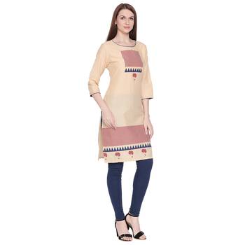 Beige and Blue Geometric Printed Cotton Kurta For Wome 2