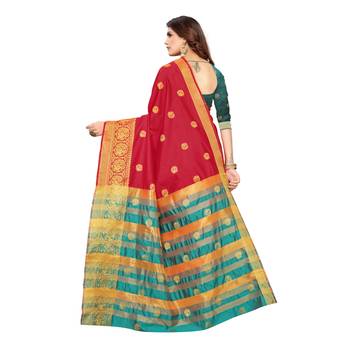 Red woven cotton silk saree with blouse 4