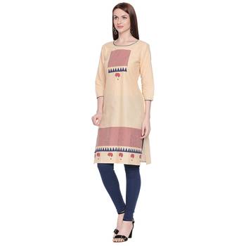 Beige and Blue Geometric Printed Cotton Kurta For Wome 3