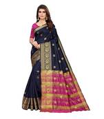 Blue woven cotton silk saree with blouse