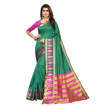Green woven cotton silk saree with blouse 1