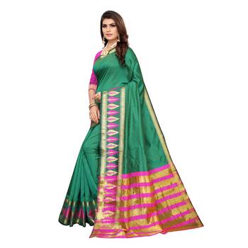 Green woven cotton silk saree with blouse 2