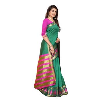 Green woven cotton silk saree with blouse 3