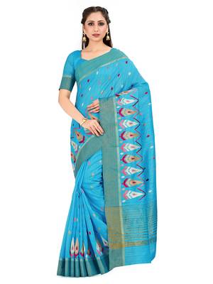 Turquoise Embroidered Raw Silk Saree With Blouse 1