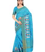 Turquoise Embroidered Raw Silk Saree With Blouse