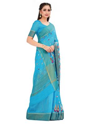 Turquoise Embroidered Raw Silk Saree With Blouse 2