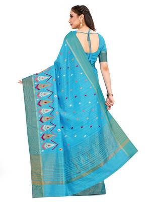 Turquoise Embroidered Raw Silk Saree With Blouse 3