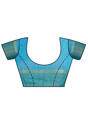 Turquoise Embroidered Raw Silk Saree With Blouse 4