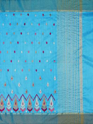 Turquoise Embroidered Raw Silk Saree With Blouse 5