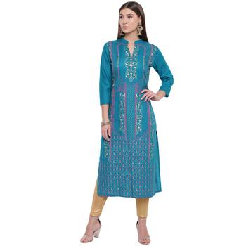 Turquoise printed rayon kurtas-and-kurtis 1
