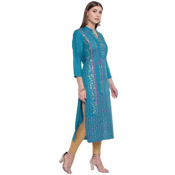 Turquoise printed rayon kurtas-and-kurtis 3