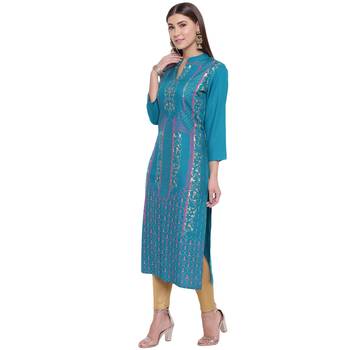 Turquoise printed rayon kurtas-and-kurtis 4