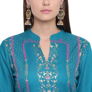 Turquoise printed rayon kurtas-and-kurtis 5