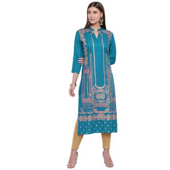 Turquoise printed rayon kurtas-and-kurtis 1