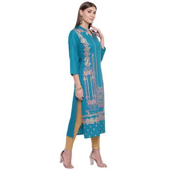 Turquoise printed rayon kurtas-and-kurtis 3