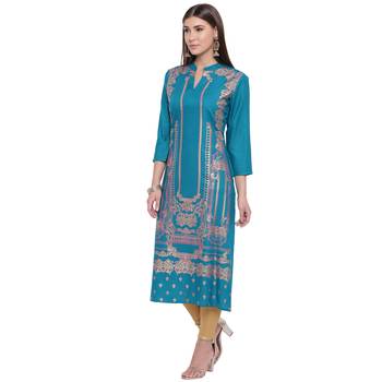 Turquoise printed rayon kurtas-and-kurtis 4