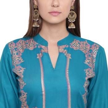 Turquoise printed rayon kurtas-and-kurtis 5