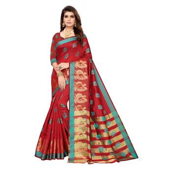 Red woven cotton silk saree with blouse 1