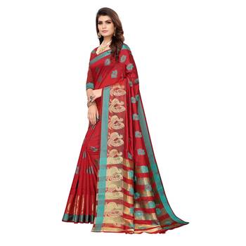 Red woven cotton silk saree with blouse 2