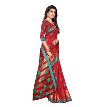 Red woven cotton silk saree with blouse 3
