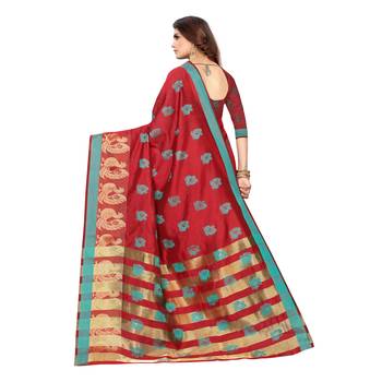 Red woven cotton silk saree with blouse 4